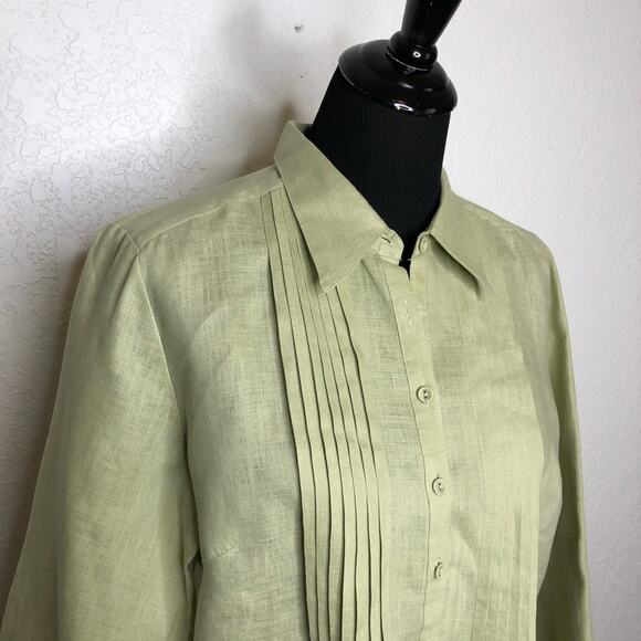 Alexandra Bartlett sage green pleated button down linen top size Extra Large XL - Picture 2 of 12